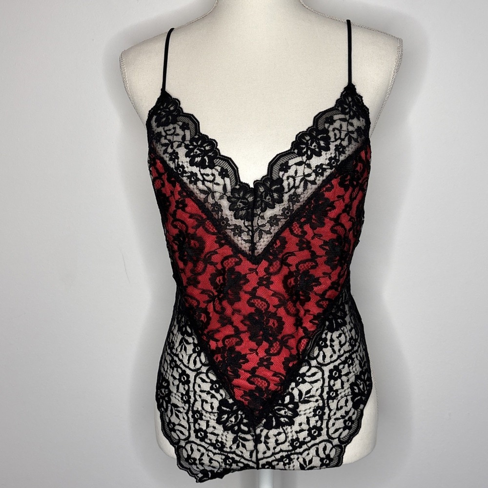 VTG 90's DELICATES Small Lingerie Teddy Sexy Silky Red Black Lace Snap Crotch